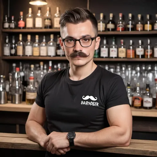 Prompt: Crate bartender in black t-shirt with glasses and mustache. His height 1.55, weight 40 kg. And short haircut