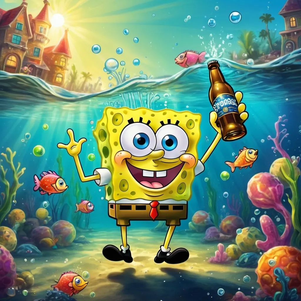 Prompt: spongebob holding a bottle of beer