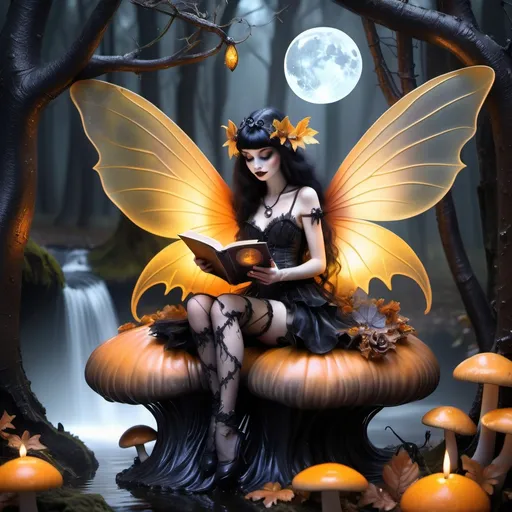 Prompt: gothic Wicked fairy with translucent, iridescent wings sits on a whimsically shaped mushroom in an enchanted dark forest. She wears lace stockings on her legs and arms, holding an old, leather-bound book in her lap. A silver, glowing crescent moon and a misty waterfall in the background bathe the scene in warm oranges and yellows, giving it an ethereal glow.”