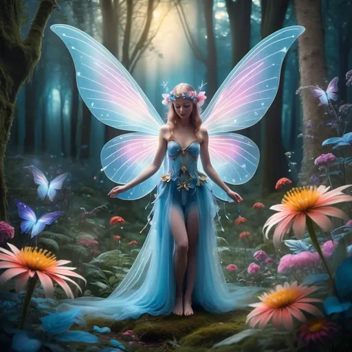 Prompt: mystical fairy with large, delicate wings amidst an enchanted forest. The fairy should be at the center, emitting a soft glow that illuminates the surrounding flora. The forest is dense with tall trees, shrouded in mist, and the ground is dotted with vibrant flowers. The overall style should be whimsical and dreamlike, with a color palette that includes soft blues, purples, and pinks to convey a magical atmosphere. Enhance the wings to be more sparkly and magical, and make the fairy’s dress flowy and beautiful, with light effects that give the impression of sparkling particles around the fairy to enhance the whimsical fantasy feel of the scene.”