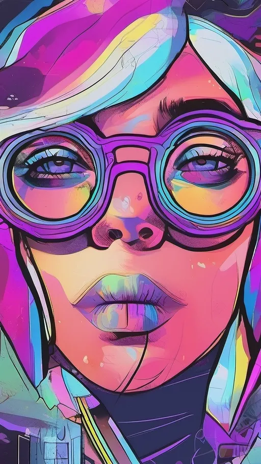 Prompt: High-quality digital illustration of a beautiful woman, large round glasses, white and purple hair, direct eye contact, futuristic cyberpunk style, vibrant neon lighting, detailed facial features, professional artwork, cyberpunk, futuristic, vibrant colors, detailed hair, digital art, highres, ultra-detailed, cyberpunk style, futuristic, direct gaze, white and purple hair, round glasses, professional, vibrant neon lighting