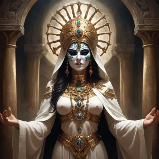 Prompt: In the hallowed halls of the Mystic Seers, the Eternal Priestess emerges, her presence commanding reverence and awe. Adorned in robes of ancient mysticism, her mask bears the eternal emotion of pride, a symbol of her unwavering dedication to her sacred duty. With a voice that resonates with the power of the cosmos, she chants the words of banishment, casting out the traitorous Nathaniel from the sanctum of the Mystic Seers. As her hand grasps his mask, crushing it beneath her righteous fury, the echoes of her chant reverberate through the chamber, a potent reminder of the consequences of betrayal. In this moment of divine judgment, the Eternal Priestess stands as a beacon of justice and authority, her pride unwavering in the face of adversity.