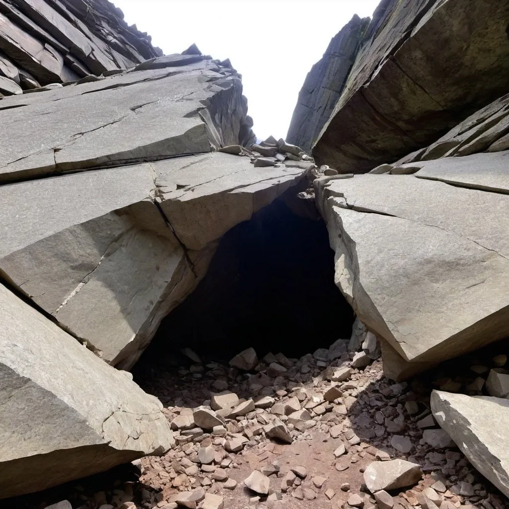 Prompt: Near the tip of one of the peaks lay an opening were light freely poured out. The opening was at one point fairly wide, but now it was mostly collapsed. The opening was filled with huge chunks of broken rock, in such a way that would bar entrance to all but the most flexible.