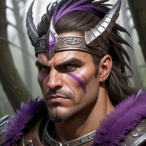 Prompt: Thorn Ironclaw is a formidable figure, his stature towering over most of his tribe. His broad shoulders and muscular frame speak of years spent honing his skills as both a hunter and a warrior. Scars mar his weather-beaten skin, a testament to the countless battles he has fought and survived.

His piercing eyes, one of which is concealed behind a headband adorned with three vertical purple lines, gleam with a fierce intensity, reflecting the depths of his determination and resilience. Despite the loss of vision in one eye, Thorn's remaining gaze is sharp and keen, always surveying his surroundings with a vigilant watchfulness.

Atop his head, a single feather-like object extends from the headband, its shape resembling that of a feather but with ridges and scales reminiscent of a dragon's hide. This unique adornment serves as a symbol of his status as chieftain, marking him as a leader among his people and a force to be reckoned with in the untamed wilderness of the Northern Wilderland.