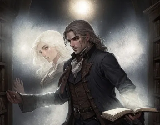 Prompt: An image prompt for Julian:

In the dimly lit chamber of an ancient library, Julian stands bathed in the soft glow of candlelight, his tall figure exuding an aura of quiet strength and understated elegance. His long brown hair cascades in gentle waves around his shoulders, catching the flickering light as he pores over ancient tomes and scrolls, his keen brown eyes alight with determination.

Dressed in attire reminiscent of a Victorian gentleman, Julian cuts a striking figure against the backdrop of towering bookshelves and dusty manuscripts. His tailored coat hangs loosely around his frame, the rich fabric adorned with subtle embroidery and intricate patterns that speak of a bygone era. Beneath the coat, a crisp white shirt is paired with dark trousers and polished boots, completing his ensemble with a touch of timeless sophistication.

In one hand, Julian holds a leather-bound volume, its pages worn with age and filled with the secrets of centuries past. With the other hand, he traces the lines of an ancient map spread out before him, his expression one of intense focus as he searches for clues to unravel the mysteries that lie hidden within the pages.

As the flickering candlelight casts dancing shadows across his face, Julian's features are illuminated in soft hues of amber and gold, adding to the air of intrigue that surrounds him. In this moment, he is the epitome of the scholarly adventurer, poised on the brink of discovery and ready to embark on a journey that will test both his intellect and his courage.