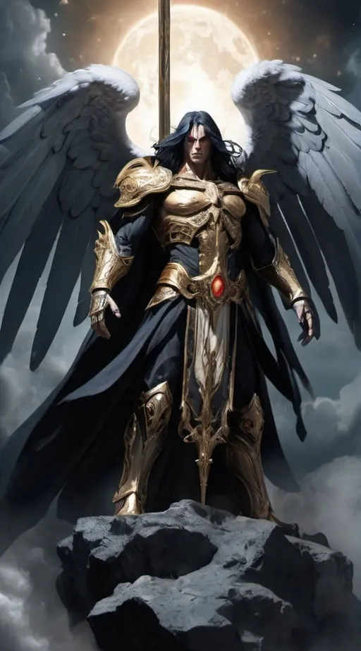 Prompt: In the image, Azrael Darkheart stands tall and imposing against a backdrop of swirling darkness and celestial light. His figure is cloaked in shadow, his form partially obscured by billowing clouds of ethereal mist.

Azrael's armor gleams with a faint, otherworldly luminescence, crafted from the remnants of fallen stars and imbued with the power of the heavens. His wings, once radiant and resplendent, are now tattered and torn, their once-glorious feathers dulled by the passage of time.

Despite his fallen status, there is a regal elegance to Azrael's bearing, a reminder of his celestial heritage and divine origins. His eyes, pools of radiant light amidst the darkness, burn with an intensity that speaks of ancient wisdom and boundless power.

In one hand, Azrael holds aloft a sword of pure light, its blade shimmering with ethereal energy. In the other, he clutches a darkened orb, a symbol of the destruction and chaos that he seeks to unleash upon the mortal realm.

Behind him, the heavens themselves seem to tremble, as if recoiling from the presence of this fallen angel. Yet amidst the tumult of celestial forces, Azrael stands undaunted, his resolve unyielding as he prepares to unleash his wrath upon the world below. He is the Fallen Angel, a being of light and darkness, destined to bring about the end of all things.