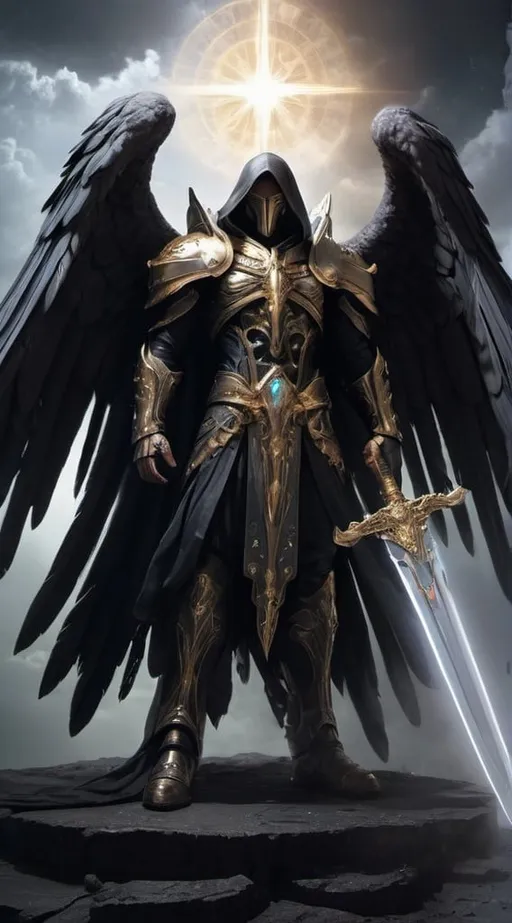 Prompt: In the image, Azrael Darkheart stands tall and imposing against a backdrop of swirling darkness and celestial light. His figure is cloaked in shadow, his form partially obscured by billowing clouds of ethereal mist.

Azrael's armor gleams with a faint, otherworldly luminescence, crafted from the remnants of fallen stars and imbued with the power of the heavens. His wings, once radiant and resplendent, are now tattered and torn, their once-glorious feathers dulled by the passage of time.

Despite his fallen status, there is a regal elegance to Azrael's bearing, a reminder of his celestial heritage and divine origins. His eyes, pools of radiant light amidst the darkness, burn with an intensity that speaks of ancient wisdom and boundless power.

In one hand, Azrael holds aloft a sword of pure light, its blade shimmering with ethereal energy. In the other, he clutches a darkened orb, a symbol of the destruction and chaos that he seeks to unleash upon the mortal realm.

Behind him, the heavens themselves seem to tremble, as if recoiling from the presence of this fallen angel. Yet amidst the tumult of celestial forces, Azrael stands undaunted, his resolve unyielding as he prepares to unleash his wrath upon the world below. He is the Fallen Angel, a being of light and darkness, destined to bring about the end of all things.