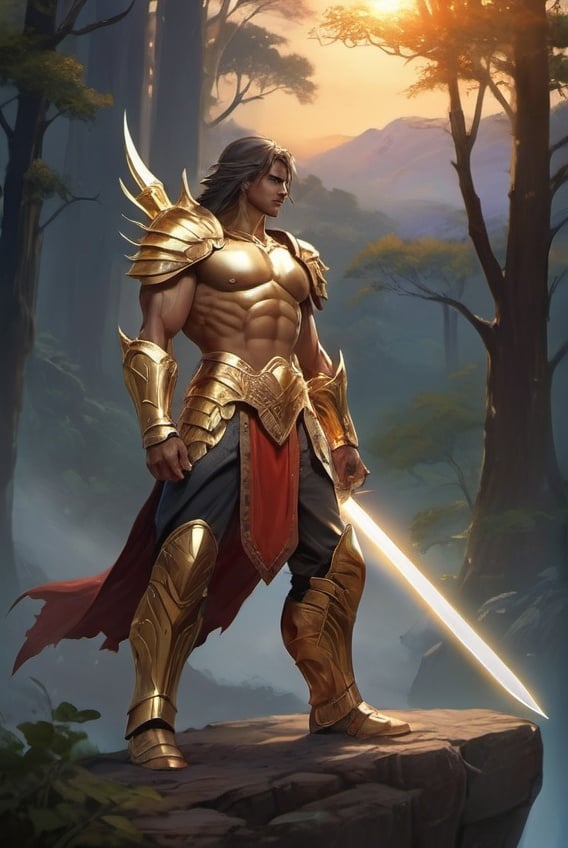 Prompt: Capture the essence of Formand Dawnstrider, one half of the legendary Twin Heroes of the Lost Times, a valiant warrior bathed in the radiant light of dawn and imbued with the fiery spirit of courage and righteousness.

Formand stands tall and proud, his figure silhouetted against the backdrop of a golden sunrise, his face illuminated by the warm glow of the morning light. His armor gleams like polished gold, adorned with intricate designs and symbols of valor and honor. Each piece of armor is meticulously crafted, a testament to Formand's skill as a master smith and a warrior without equal.

In his hands, Formand wields a mighty sword, its blade ablaze with the brilliance of the rising sun. With each swing, arcs of golden light streak through the air, cutting through the darkness with the power of a thousand suns. His every movement is a testament to his prowess in battle, his skill unmatched and his courage unwavering.

Behind Formand, the landscape stretches out into infinity, a vast expanse of rolling hills and lush forests bathed in the golden light of dawn. It is a world alive with the promise of a new day, a realm of endless possibilities and untold adventures waiting to be discovered.

As Formand stands amidst the beauty of the dawn, a sense of hope washes over the viewer, a feeling of renewal and rejuvenation that fills the heart with warmth and light. For he is not merely a warrior, but a beacon of hope in a world shrouded in darkness, a hero whose courage and righteousness shine like the sun itself."