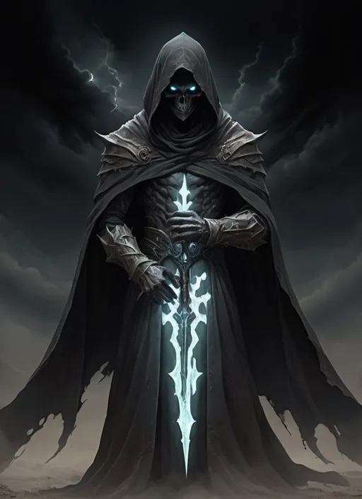 Prompt: In the image, Kaelen Darkmourne stands amidst a desolate wasteland, his figure cloaked in billowing robes of deepest black. The fabric clings to his form like a shroud, accentuating his imposing presence and ominous aura.

Kaelen's face is obscured by the shadows of his hood, leaving only the faintest glimpse of his eyes glowing with an unholy light. His hands are outstretched before him, crackling with dark energy as he channels the power of the abyss.

Behind Kaelen, the landscape stretches out in all directions, a barren expanse of crumbling ruins and twisted vegetation. The sky above is choked with dark clouds, casting a pall of gloom over the desolate landscape.

In the distance, the faint sounds of chaos and destruction echo through the air, a grim reminder of the havoc that Kaelen has wrought upon the world. He stands as a harbinger of doom, a figure of fear and dread whose very presence heralds the coming apocalypse.

As Kaelen gazes into the distance, his eyes burn with an unholy light, reflecting the malevolent power that courses through his veins. He is a master of dark magic and necromancy, a servant of the dark gods of oblivion, and a force to be reckoned with in the battle for the fate of the world.