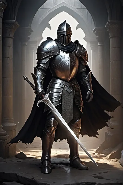 Prompt: Capture the essence of Sir Alistair Darkthorn, the legendary Knight of Eternity, a figure shrouded in darkness and mystery, yet radiating an aura of indomitable strength and valor.

Sir Alistair stands tall and imposing, his figure cloaked in shadow and obscured by the depths of the Deep Dark. His armor is forged from the blackest iron, adorned with intricate runes and symbols of power that seem to shimmer and glow with an otherworldly light. Each piece of armor is etched with the history of his people, a testament to their resilience and defiance in the face of adversity.

In his hand, Sir Alistair wields a massive sword, its blade as dark as midnight and as sharp as a razor's edge. The sword seems to pulse with a malevolent energy, crackling with dark lightning that dances along its length. With each swing, arcs of shadowy energy streak through the air, cutting through the darkness with the ferocity of a storm.

Behind Sir Alistair, the landscape stretches out into infinity, a desolate and barren wasteland devoid of light or life. The air is thick with the scent of decay, and the ground trembles with the echoes of unseen terrors lurking in the shadows.

As Sir Alistair stands amidst the darkness, a sense of foreboding washes over the viewer, a feeling of dread and unease that hangs heavy in the air. For he is not merely a knight, but a harbinger of doom whose presence heralds the coming of darkness and despair. Yet even in the face of such darkness, there is a glimmer of hope, a spark of courage that refuses to be extinguished. And it is this courage that drives Sir Alistair forward, ever onward, in his quest to defy death and claim his rightful place as the Knight of Eternity."