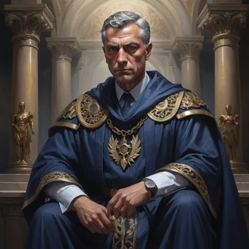 Prompt: In the opulent halls of justice, the Lastbourne presides, a figure of authority and reverence. With a commanding presence and piercing blue eyes that betray a hint of vulnerability, he exudes an aura of power and distinction. Clad in robes of deepest indigo, embroidered with symbols of justice and order, he stands as a bastion of law and order in a world of chaos. His demeanor is stoic and unwavering, yet beneath the facade of impartiality lies a susceptibility to persuasive words, a weakness that threatens to undermine his righteous resolve. As he dispenses justice with a firm hand, shadows of doubt and conflict linger in the corners of his mind, a testament to the fragile balance between duty and temptation.