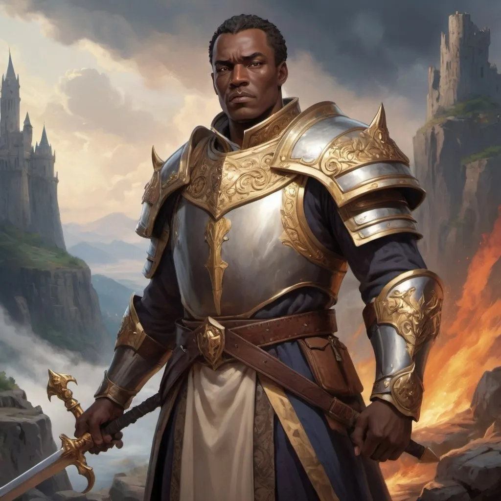 Prompt: Create a compelling visual representation of Cedric Ironheart, the Uncrowned King of Valoria, a noble and resolute leader determined to reclaim his birthright.

In the rugged wilderness of Valoria, amidst the ruins of his once-great kingdom, Cedric Ironheart stands tall and unwavering, a figure of strength and determination against the backdrop of a tumultuous sky. His attire, though worn and weathered by years of exile, bears the insignia of his noble lineage, a reminder of the legacy that he carries within him.

Cedric's features are stern yet noble, his eyes burning with a fierce determination to reclaim the throne that was stolen from him. His jaw is set in a determined line, his expression a reflection of the unwavering resolve that drives him forward in the face of adversity.

Though he is uncrowned, there is an air of regal authority about Cedric, a presence that commands respect and reverence from all who stand in his presence. He carries himself with the dignity and poise of a true king, his every movement imbued with the grace and power of a born leader.

In one hand, Cedric holds the hilt of a sword, a symbol of his commitment to reclaiming his birthright and restoring peace to his kingdom. In the other hand, he holds a tattered banner emblazoned with the crest of Valoria, a beacon of hope for all who still believe in the rightful rule of their uncrowned king.

Behind Cedric, the landscape stretches out in all directions, a testament to the beauty and resilience of the kingdom that he seeks to reclaim. Though the path ahead is fraught with peril and uncertainty, Cedric remains undaunted, his heart ablaze with the fire of determination as he marches ever onward towards his destiny."