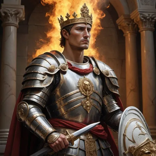 Prompt: Prompt:
"Create an awe-inspiring image capturing the essence of a warrior-king in the grand throne room. The figure of Augustus Aurelius Proudorious stands resplendent in gleaming armor, a symbol of strength and authority, with a two-handed sword in hand, its blade stained with blood from battles past. An executioner of justice. His regal presence commands attention as he stands away from the throne, a testament to his commitment to fight alongside his loyal legions on the battlefield.

Clad in intricately crafted armor adorned with symbols of his reign, Augustus exudes an aura of power and majesty. His helm, adorned with a majestic crest, casts a shadow over his stern yet noble visage, framing eyes that burn with the fire of conviction.

Before him, his legions kneel in reverence, their heads bowed in homage to their revered leader. Each warrior bears the marks of battle, their armor worn and their faces weathered by the trials of war. Yet, in their eyes, there is unwavering loyalty and unwavering devotion to their High-Emperor.

The throne room echoes with the solemnity of the moment, the air heavy with the weight of history and the promise of a future forged by the might of the Undefeated Legions. As Augustus surveys his faithful subjects, a sense of pride swells within him, knowing that together, they are destined to overcome any challenge that dares to stand in their way.

The artist is encouraged to capture the intensity of the scene, highlighting the warrior-king's leadership and his willingness to stand shoulder to shoulder with his soldiers in the face of adversity."