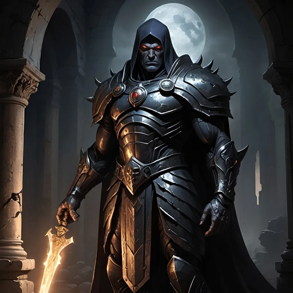 Prompt: Create a striking visual representation of Agore Darkseid, Commander of the First Legion, standing amidst the shadows of Zadila's darkest alleys. 

Agore, with his imposing figure, is depicted wearing armor forged from the remnants of fallen foes, adorned with eerie symbols of his spectral abilities. His eyes, glowing with an otherworldly light, pierce through the darkness, reflecting the depths of his tainted soul.

In one hand, Agore holds aloft his spectral blade of pestilence, its dark energies swirling around him like a shroud of malevolence. The blade, etched with runes of ancient power, radiates an aura of death and decay, a stark contrast to the dimly lit streets of Zadila.

Behind Agore, the shadows seem to converge, whispering of secrets long forgotten and darkness yet to come. Yet, amidst the darkness, there is a glimmer of hope, a faint light that shines from within Agore's heart, a testament to his newfound purpose and determination to fight for the freedom of his people.

The scene is set against the backdrop of a city consumed by darkness, its towering spires and crumbling ruins serving as a haunting reminder of the kingdom's plight. In the distance, the silhouette of a lone figure stands defiantly against the encroaching darkness, a beacon of hope amidst the shadows.

The artist is encouraged to capture the essence of Agore's character, portraying him as a formidable warrior tainted by darkness yet driven by a noble cause. The image should evoke a sense of mystery, intrigue, and foreboding, inviting the viewer to explore the depths of Agore's troubled soul."