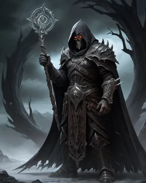Prompt: Craft a chilling visual representation of Morgrim Shadowbane, the Nightmare of the Living, a sinister and enigmatic figure shrouded in darkness and mystery.

In the desolate wastes of the Between, where the line between light and darkness blurs and reality twists upon itself, Morgrim Shadowbane stands as a figure of terror and dread. Cloaked in shadows that seem to writhe and pulse with a life of their own, Morgrim cuts a striking figure against the barren landscape of his forsaken homeland.

His form is obscured by the darkness, his features hidden beneath a hooded cloak that billows ominously in the howling winds. Only his eyes are visible, twin orbs of glowing crimson that pierce the darkness with an intensity that sends shivers down the spine of any who dare to meet his gaze.

Morgrim's attire is adorned with ancient runes and symbols of power, their meanings lost to all but the most arcane scholars. His armor, if it can be called such, appears to be forged from the very shadows themselves, shifting and morphing with every movement like liquid darkness given form.

In one hand, Morgrim wields a wickedly curved blade imbued with the essence of the void, its edge crackling with dark energy. In the other hand, he holds aloft a swirling vortex of shadows, a manifestation of his mastery over the darkest depths of the arcane.

Behind Morgrim, the landscape stretches out into infinity, a twisted and surreal landscape that seems to warp and twist with every step. It is a realm of nightmares and madness, a place where only the strongest and most cunning can hope to survive.

As Morgrim stands amidst the darkness, a sense of unease washes over the viewer, a feeling of impending doom that hangs heavy in the air. For he is not merely a man, but a force of darkness incarnate, a harbinger of doom whose very presence heralds the coming of the end times."