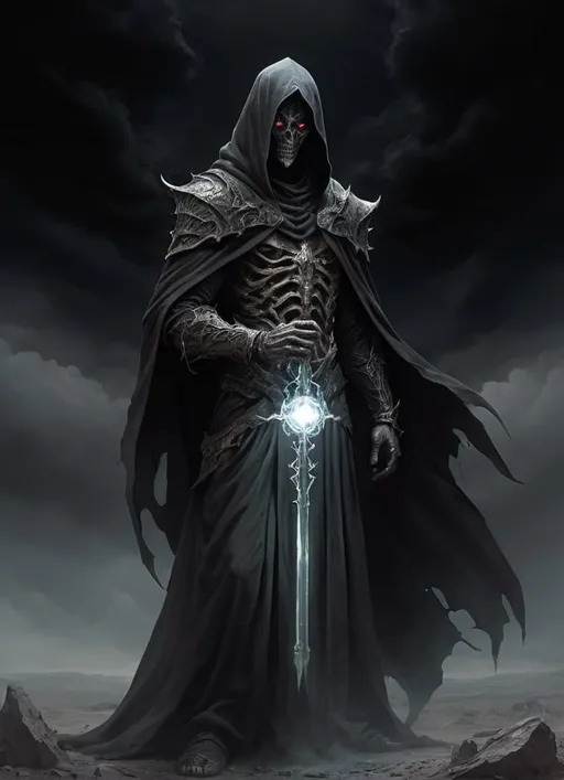 Prompt: In the image, Kaelen Darkmourne stands amidst a desolate wasteland, his figure cloaked in billowing robes of deepest black. The fabric clings to his form like a shroud, accentuating his imposing presence and ominous aura.

Kaelen's face is obscured by the shadows of his hood, leaving only the faintest glimpse of his eyes glowing with an unholy light. His hands are outstretched before him, crackling with dark energy as he channels the power of the abyss.

Behind Kaelen, the landscape stretches out in all directions, a barren expanse of crumbling ruins and twisted vegetation. The sky above is choked with dark clouds, casting a pall of gloom over the desolate landscape.

In the distance, the faint sounds of chaos and destruction echo through the air, a grim reminder of the havoc that Kaelen has wrought upon the world. He stands as a harbinger of doom, a figure of fear and dread whose very presence heralds the coming apocalypse.

As Kaelen gazes into the distance, his eyes burn with an unholy light, reflecting the malevolent power that courses through his veins. He is a master of dark magic and necromancy, a servant of the dark gods of oblivion, and a force to be reckoned with in the battle for the fate of the world.