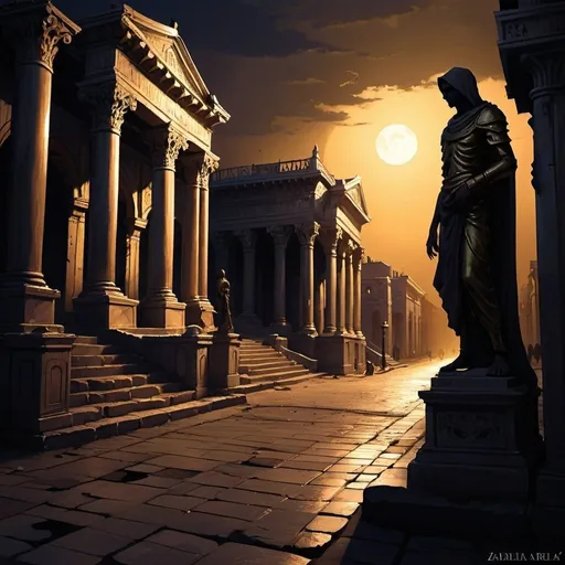Prompt: As the sun sets and darkness descends upon the Kingdom of Zadila, a different atmosphere envelops the city, shrouding its marble streets and golden statues in shadows. The once bustling marketplace now lies deserted, its stalls abandoned and its streets eerily quiet. The forum, once a beacon of political discourse, now stands silent, its pillars casting long, ominous shadows in the moonlight. Guards patrol the empty streets, their footsteps echoing in the stillness of the night, their eyes alert for any sign of danger. Yet despite the kingdom's outward appearance of tranquility, there is an undeniable sense of malice and danger lurking in the shadows, a reminder that even in the heart of Zadila, darkness holds sway. 