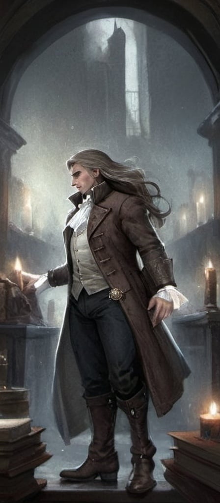 Prompt: An image prompt for Julian:

In the dimly lit chamber of an ancient library, Julian stands bathed in the soft glow of candlelight, his tall figure exuding an aura of quiet strength and understated elegance. His long brown hair cascades in gentle waves around his shoulders, catching the flickering light as he pores over ancient tomes and scrolls, his keen brown eyes alight with determination.

Dressed in attire reminiscent of a Victorian gentleman, Julian cuts a striking figure against the backdrop of towering bookshelves and dusty manuscripts. His tailored coat hangs loosely around his frame, the rich fabric adorned with subtle embroidery and intricate patterns that speak of a bygone era. Beneath the coat, a crisp white shirt is paired with dark trousers and polished boots, completing his ensemble with a touch of timeless sophistication.

In one hand, Julian holds a leather-bound volume, its pages worn with age and filled with the secrets of centuries past. With the other hand, he traces the lines of an ancient map spread out before him, his expression one of intense focus as he searches for clues to unravel the mysteries that lie hidden within the pages.

As the flickering candlelight casts dancing shadows across his face, Julian's features are illuminated in soft hues of amber and gold, adding to the air of intrigue that surrounds him. In this moment, he is the epitome of the scholarly adventurer, poised on the brink of discovery and ready to embark on a journey that will test both his intellect and his courage.