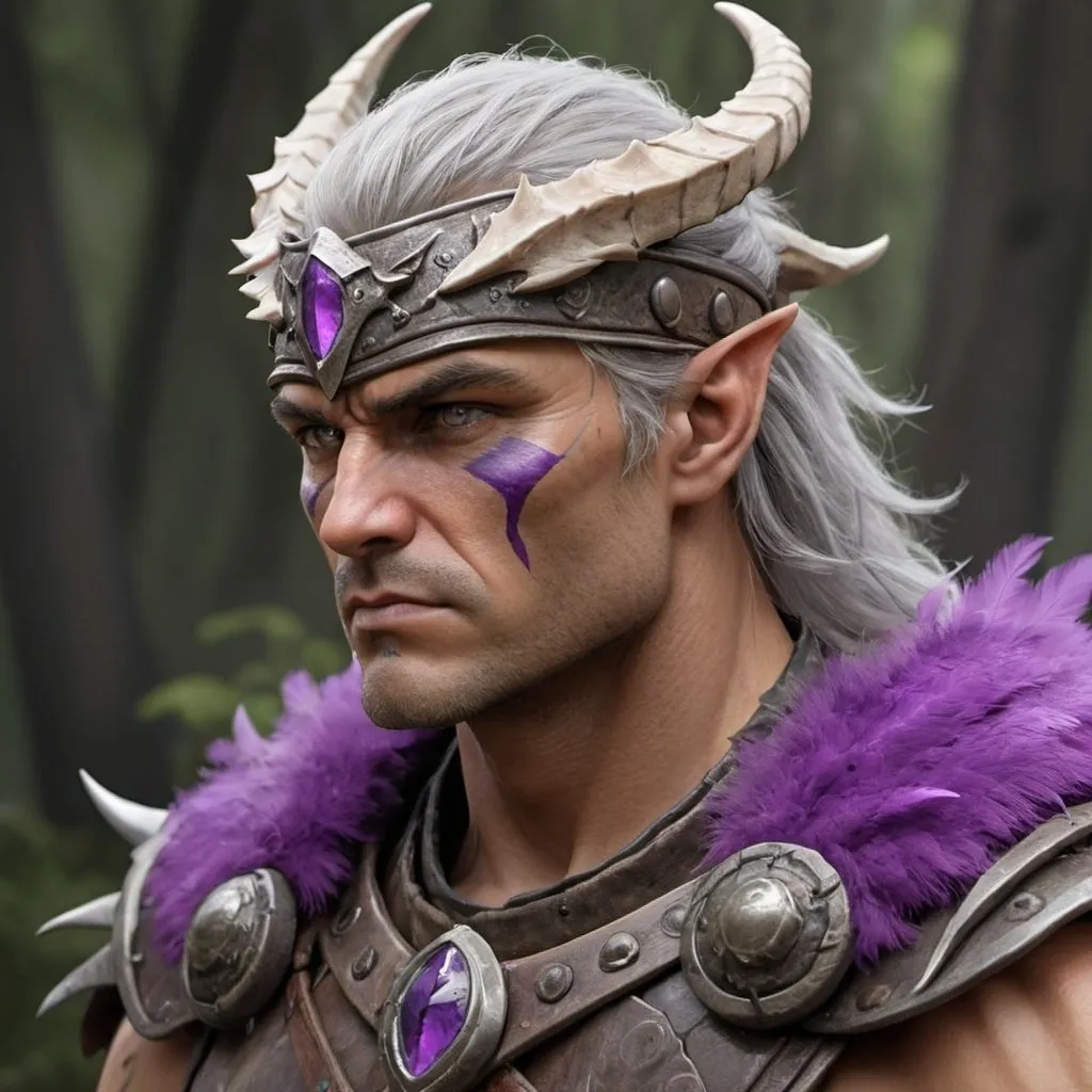 Prompt: Thorn Ironclaw is a formidable figure, his stature towering over most of his tribe. His broad shoulders and muscular frame speak of years spent honing his skills as both a hunter and a warrior. Scars mar his weather-beaten skin, a testament to the countless battles he has fought and survived.

His piercing eyes, one of which is concealed behind a headband adorned with three vertical purple lines, gleam with a fierce intensity, reflecting the depths of his determination and resilience. Despite the loss of vision in one eye, Thorn's remaining gaze is sharp and keen, always surveying his surroundings with a vigilant watchfulness.

Atop his head, a single feather-like object extends from the headband, its shape resembling that of a feather but with ridges and scales reminiscent of a dragon's hide. This unique adornment serves as a symbol of his status as chieftain, marking him as a leader among his people and a force to be reckoned with in the untamed wilderness of the Northern Wilderland.