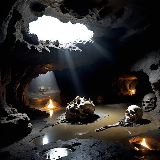 Prompt: The inside of the cave was damp, water plopped down from the cave ceiling and onto the floor allowing sounds to echo throughout the cavernarum. Across the floor lay bones, scales and pieces of body parts, most were covered in soot, and blackened from fire. All of these things had been used in order to perceive into the vast well of prophetic future.