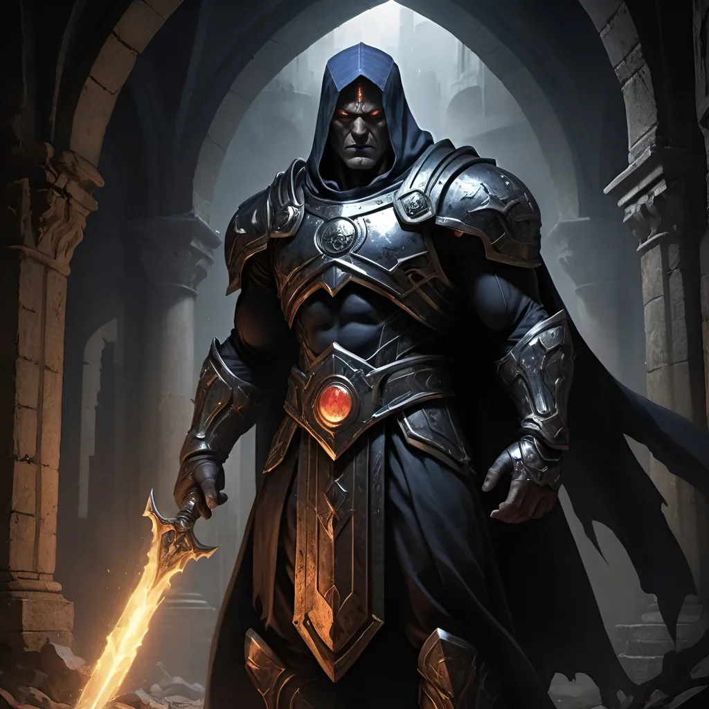 Prompt: Create a striking visual representation of Agore Darkseid, Commander of the First Legion, standing amidst the shadows of Zadila's darkest alleys. 

Agore, with his imposing figure, is depicted wearing armor forged from the remnants of fallen foes, adorned with eerie symbols of his spectral abilities. His eyes, glowing with an otherworldly light, pierce through the darkness, reflecting the depths of his tainted soul.

In one hand, Agore holds aloft his spectral blade of pestilence, its dark energies swirling around him like a shroud of malevolence. The blade, etched with runes of ancient power, radiates an aura of death and decay, a stark contrast to the dimly lit streets of Zadila.

Behind Agore, the shadows seem to converge, whispering of secrets long forgotten and darkness yet to come. Yet, amidst the darkness, there is a glimmer of hope, a faint light that shines from within Agore's heart, a testament to his newfound purpose and determination to fight for the freedom of his people.

The scene is set against the backdrop of a city consumed by darkness, its towering spires and crumbling ruins serving as a haunting reminder of the kingdom's plight. In the distance, the silhouette of a lone figure stands defiantly against the encroaching darkness, a beacon of hope amidst the shadows.

The artist is encouraged to capture the essence of Agore's character, portraying him as a formidable warrior tainted by darkness yet driven by a noble cause. The image should evoke a sense of mystery, intrigue, and foreboding, inviting the viewer to explore the depths of Agore's troubled soul."