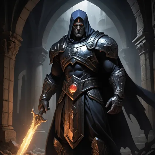 Prompt: Create a striking visual representation of Agore Darkseid, Commander of the First Legion, standing amidst the shadows of Zadila's darkest alleys. 

Agore, with his imposing figure, is depicted wearing armor forged from the remnants of fallen foes, adorned with eerie symbols of his spectral abilities. His eyes, glowing with an otherworldly light, pierce through the darkness, reflecting the depths of his tainted soul.

In one hand, Agore holds aloft his spectral blade of pestilence, its dark energies swirling around him like a shroud of malevolence. The blade, etched with runes of ancient power, radiates an aura of death and decay, a stark contrast to the dimly lit streets of Zadila.

Behind Agore, the shadows seem to converge, whispering of secrets long forgotten and darkness yet to come. Yet, amidst the darkness, there is a glimmer of hope, a faint light that shines from within Agore's heart, a testament to his newfound purpose and determination to fight for the freedom of his people.

The scene is set against the backdrop of a city consumed by darkness, its towering spires and crumbling ruins serving as a haunting reminder of the kingdom's plight. In the distance, the silhouette of a lone figure stands defiantly against the encroaching darkness, a beacon of hope amidst the shadows.

The artist is encouraged to capture the essence of Agore's character, portraying him as a formidable warrior tainted by darkness yet driven by a noble cause. The image should evoke a sense of mystery, intrigue, and foreboding, inviting the viewer to explore the depths of Agore's troubled soul."