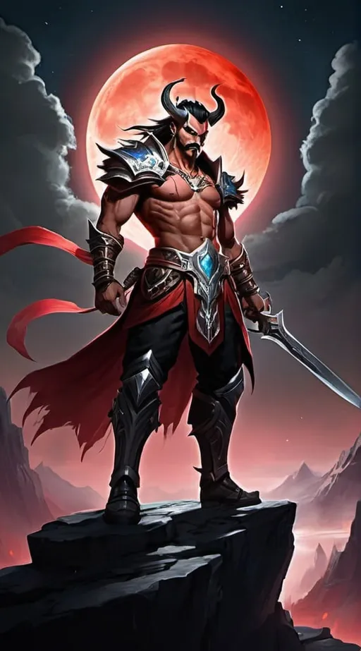 Prompt: In the image, Draven Bloodmoon stands tall and proud upon a rocky outcrop, overlooking the vast expanse of his kingdom spread out below. The crimson glow of the blood moon casts an eerie light upon the landscape, bathing Draven in a halo of otherworldly radiance.

Draven is clad in regal armor forged from the finest metals, adorned with intricate designs and symbols of his royal lineage. His armor gleams in the moonlight, reflecting the crimson hue of the sky above and lending him an air of majestic authority.

At his side, Draven wields a mighty sword, its blade pulsating with an inner fire that seems to mirror the glow of the blood moon. The sword is a symbol of Draven's power and authority, a weapon forged in the fires of battle and tempered by the trials of war.

Behind Draven, the Red Moon Kingdom stretches out in all directions, its borders marked by towering mountains and dense forests. From his vantage point, Draven can see the vast expanses of his realm, from the bustling cities and thriving villages to the wild and untamed wilderness beyond.

As Draven gazes out over his kingdom, his eyes burn with a fierce determination, reflecting his unwavering commitment to the protection and prosperity of his people. He is the King of the Red Moon, a ruler beloved by his subjects and feared by his enemies, and his presence commands respect and reverence from all who behold him.