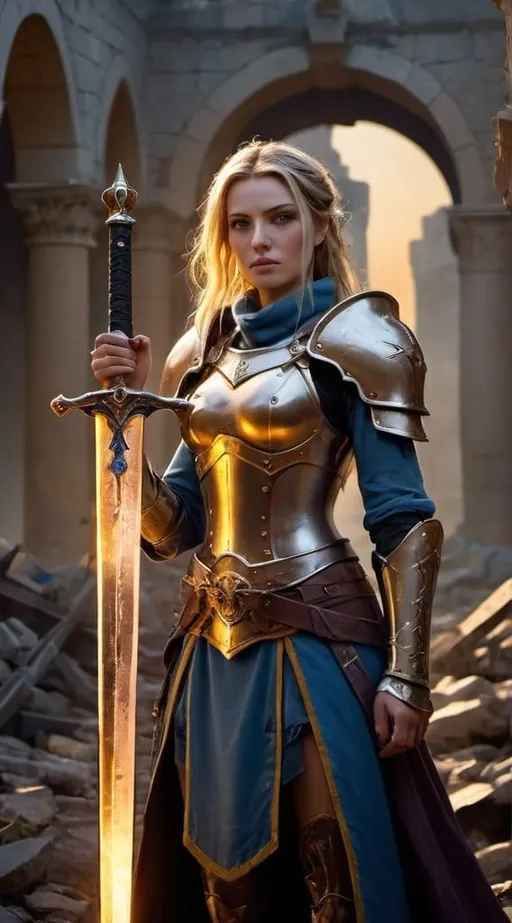 Prompt: In the image, Seraphine Nightshade stands tall amidst a desolate battlefield, her armor battered and scarred from countless battles. The setting sun casts a golden glow upon the landscape, illuminating the ruins of a once-great fortress crumbling in the background.

Seraphine's armor, though worn, still bears the symbols of her noble lineage, a reminder of the honor and duty that once defined her. Her sword, gripped firmly in her hand, is stained with the blood of her enemies, its blade shimmering in the fading light.

Despite the weariness etched upon her face, there is a fierce determination in Seraphine's eyes, a fire that refuses to be extinguished. She stands as a beacon of hope amidst the chaos and despair, a symbol of defiance against the forces of darkness that threaten to engulf the realm.

In the distance, a solitary figure watches Seraphine from the shadows, their intentions unknown. But Seraphine pays them no heed, her focus unwavering as she prepares to face whatever challenges lie ahead. She is the Fallen Champion, a warrior forged in the crucible of battle, and her legend will endure long after the echoes of war have faded into memory.