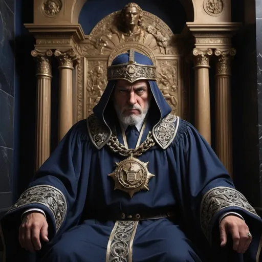 Prompt: In the opulent halls of justice, the Lastbourne presides, a figure of authority and reverence. With a commanding presence and piercing blue eyes that betray a hint of vulnerability, he exudes an aura of power and distinction. Clad in robes of deepest indigo, embroidered with symbols of justice and order, he stands as a bastion of law and order in a world of chaos. His demeanor is stoic and unwavering, yet beneath the facade of impartiality lies a susceptibility to persuasive words, a weakness that threatens to undermine his righteous resolve. As he dispenses justice with a firm hand, shadows of doubt and conflict linger in the corners of his mind, a testament to the fragile balance between duty and temptation.