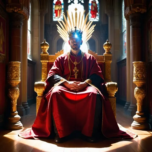 Prompt: A regal figure sits upon a throne, draped in rich crimson robes adorned with intricate golden embroidery. His gaze is steely yet contemplative, betraying the weight of responsibility that rests upon his shoulders. Behind him, the walls of the King's Hall rise majestically, adorned with tapestries depicting the illustrious history of his noble lineage. Sunlight filters through stained glass windows, casting a warm glow upon the chamber and illuminating the crown atop his head, a symbol of his rightful claim to the throne.