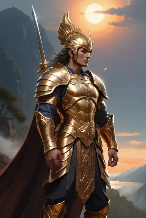 Prompt: Capture the essence of Formand Dawnstrider, one half of the legendary Twin Heroes of the Lost Times, a valiant warrior bathed in the radiant light of dawn and imbued with the fiery spirit of courage and righteousness.

Formand stands tall and proud, his figure silhouetted against the backdrop of a golden sunrise, his face illuminated by the warm glow of the morning light. His armor gleams like polished gold, adorned with intricate designs and symbols of valor and honor. Each piece of armor is meticulously crafted, a testament to Formand's skill as a master smith and a warrior without equal.

In his hands, Formand wields a mighty sword, its blade ablaze with the brilliance of the rising sun. With each swing, arcs of golden light streak through the air, cutting through the darkness with the power of a thousand suns. His every movement is a testament to his prowess in battle, his skill unmatched and his courage unwavering.

Behind Formand, the landscape stretches out into infinity, a vast expanse of rolling hills and lush forests bathed in the golden light of dawn. It is a world alive with the promise of a new day, a realm of endless possibilities and untold adventures waiting to be discovered.

As Formand stands amidst the beauty of the dawn, a sense of hope washes over the viewer, a feeling of renewal and rejuvenation that fills the heart with warmth and light. For he is not merely a warrior, but a beacon of hope in a world shrouded in darkness, a hero whose courage and righteousness shine like the sun itself."