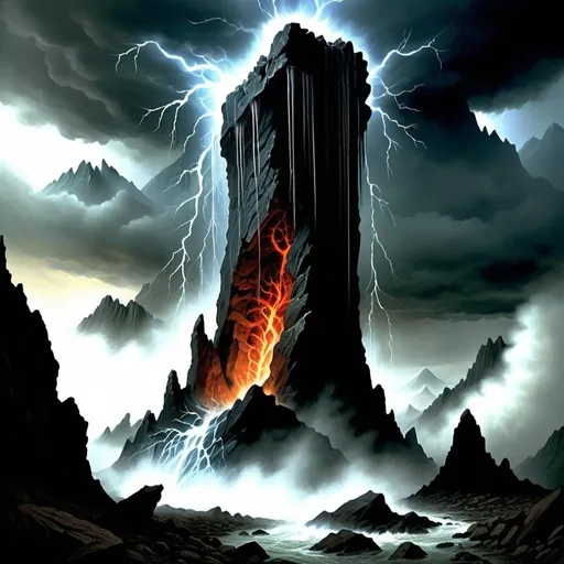 Prompt: The tempestuous storm, once a harbinger, now towered over the mountain in an ominous manifestation of divine wrath. Rain cascaded down from the heavens, transforming into acidic torrents that etched away jagged rocks, melding them into an impervious monolith. Disease, like a spectral scourge, spread through the valley, extinguishing plant life and silencing any creature that could have served the Mystics. Those who were able to hide among the recesses of the mountain's were transformed by the disease and become more monstrous than before. Becoming masses of flesh, claw, and teeth.
