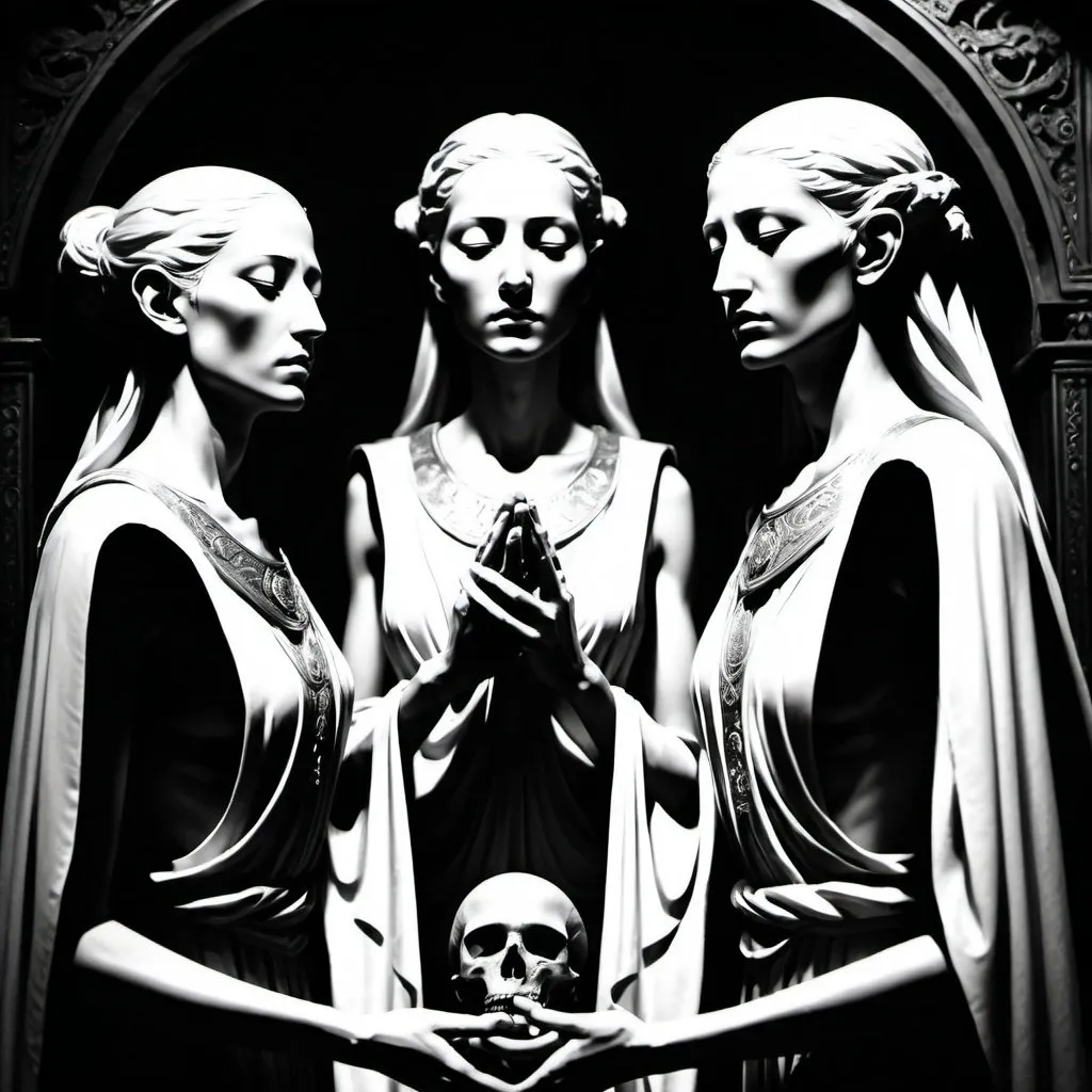 Prompt: Having mourned the tragic fate of their young charges, the Oracles turned their gaze to the remaining masters. Four figures, three identical in their regal bearing, exuded a power that transcended time itself. Wisdom etched upon their faces revealing ages beyond reckoning. Unseen power echoed around their beings, as a mysterious wind carried faint whispers through the room.
