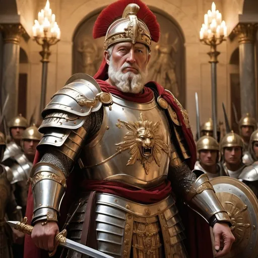 Prompt: Prompt:
"Create an awe-inspiring image capturing the essence of a warrior-king in the grand throne room. The figure of Augustus Aurelius Proudorious stands resplendent in gleaming armor, a symbol of strength and authority, with a bastard sword in hand, its blade stained with blood from battles past. His regal presence commands attention as he stands away from the throne, a testament to his commitment to fight alongside his loyal legions on the battlefield.

Clad in intricately crafted armor adorned with symbols of his reign, Augustus exudes an aura of power and majesty. His helm, adorned with a majestic crest, casts a shadow over his stern yet noble visage, framing eyes that burn with the fire of conviction.

Before him, his legions kneel in reverence, their heads bowed in homage to their revered leader. Each warrior bears the marks of battle, their armor worn and their faces weathered by the trials of war. Yet, in their eyes, there is unwavering loyalty and unwavering devotion to their High-Emperor.

The throne room echoes with the solemnity of the moment, the air heavy with the weight of history and the promise of a future forged by the might of the Undefeated Legions. As Augustus surveys his faithful subjects, a sense of pride swells within him, knowing that together, they are destined to overcome any challenge that dares to stand in their way.

The artist is encouraged to capture the intensity of the scene, highlighting the warrior-king's leadership and his willingness to stand shoulder to shoulder with his soldiers in the face of adversity."