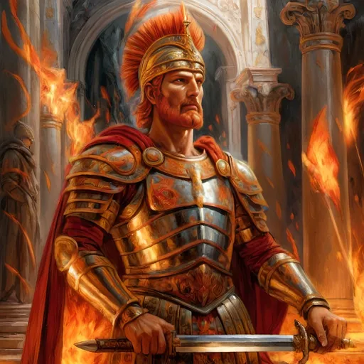 Prompt: Sword of Flame, a manifestation of his formidable power and unwavering resolve.

In the midst of a raging battlefield, Augustus stands as a beacon of hope amidst the chaos, his figure illuminated by the flickering flames that dance along the length of his blazing weapon. With a commanding presence, he raises the Sword of Flame high above his head, its fiery blade casting a radiant glow that cuts through the darkness of the battlefield.

The Sword of Flame itself is a sight to behold, its blade forged from the very essence of elemental fire and imbued with the ancient power of the primordial entities of flame. Flames lick along its edges, their intensity pulsating with the heat of a thousand suns, while sparks of ember dance and crackle in the air around it.

Augustus's expression is one of fierce determination, his eyes ablaze with the same fiery intensity as his weapon. In his other hand, he holds his helm adorned with a majestic crest, a symbol of his authority and command over the forces of fire.

Behind Augustus, his loyal legions stand ready to fight, their faces set in grim determination as they prepare to follow their High-Emperor into battle. Together, they are an unstoppable force, fueled by the flames of justice and the promise of victory.

The artist is encouraged to capture the dynamic energy and intensity of the scene, emphasizing the power and majesty of Augustus Aurelius Proudorious as he wields the Sword of Flame, ready to lead his legions to victory against all who dare to oppose them."