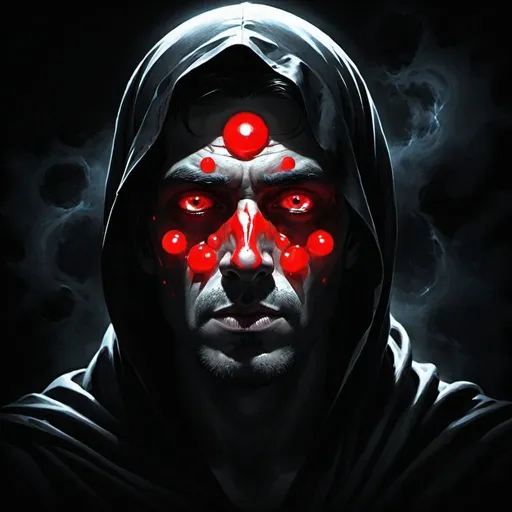 Prompt: The second man was short and his face covered in utter darkness, his body was lumped and misshapen, his eyes made of red orbs that gave testament to his power. His aura, suffocating and dark