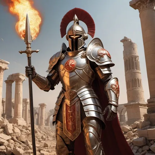 Prompt: In the image, Vilicus stands tall and proud, his form clad in gleaming armor and his eyes burning with the fire of ambition. His helmet, adorned with the symbols of Mars, radiates an aura of divine power, granting him strength and focus on the battlefield. Behind him, the ruins of ancient cities lie in ruin, a testament to his unstoppable march toward greatness. Vilicus is a conqueror, a warrior, and a symbol of the eternal struggle for power that defines the world of ancient warfare.