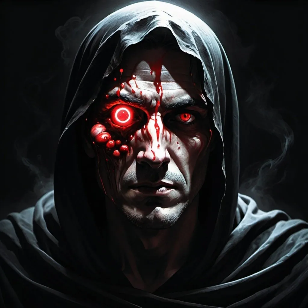 Prompt: The second man was short and his face covered in utter darkness, his body was lumped and misshapen, his eyes made of red orbs that gave testament to his power. His aura, suffocating and dark