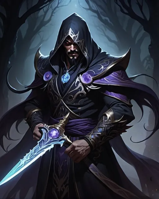 Prompt: In the image, Draven Nightshade stands amidst a landscape shrouded in darkness, his figure partially obscured by swirling mists and shadowy tendrils. He exudes an aura of mystery and intrigue, his presence commanding attention despite the dim lighting.

Draven's form is cloaked in a billowing robe of midnight black, adorned with intricate patterns that seem to dance and shift with the faintest movement. His face is partially concealed by a hood, casting his features in shadow and adding to his enigmatic allure.

His eyes, however, pierce through the darkness with an otherworldly glow, shimmering like twin orbs of radiant moonlight. They betray a keen intelligence and a hint of the darkness that lies within his soul.

In one hand, Draven holds a gleaming dagger, its blade forged from a substance that seems to drink in the surrounding darkness. In the other, he clutches a swirling orb of shadow, its depths swirling with unfathomable depths of darkness.

Behind him, the landscape stretches out into the unknown, a realm of perpetual twilight where light and shadow converge. It is a realm of mystery and danger, where only the most skilled and cunning can navigate its treacherous depths.

Draven Nightshade stands as a solitary figure amidst the shadows, a prince of darkness and master of the night. He is a guardian of The Between, a realm where light and shadow dance in eternal harmony, and his presence is a testament to the power of darkness in all its forms.