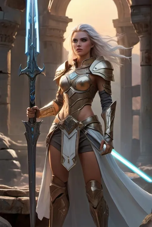 Prompt: Capture the essence of Elara Dawnstrider, the Hero of the Lost Times, in a stunning visual representation that embodies her courage, strength, and unwavering resolve.

In the heart of the wilderness, amidst the ancient ruins of a forgotten kingdom, Elara Dawnstrider stands tall and proud, a figure of noble grace and fierce determination. Her form is illuminated by the soft glow of the rising sun, casting a warm golden light upon her radiant presence.

Clad in armor forged from the finest steel and adorned with symbols of her valorous deeds, Elara cuts a striking figure against the backdrop of the crumbling ruins that surround her. Her sword, gleaming in the sunlight, is held aloft with confidence and purpose, a testament to her skill and prowess as a warrior.

Elara's features are strong and resolute, her eyes ablaze with the fire of determination as she gazes out into the distance, ever vigilant for the next challenge that awaits her. Her expression is one of unwavering resolve, a reflection of her unwavering commitment to her quest to vanquish the forces of darkness and restore peace to the land.

Behind Elara, the landscape stretches out into the horizon, a vast expanse of untamed wilderness and ancient ruins that speak of a bygone era. It is a land shrouded in mystery and danger, yet Elara stands undaunted, a beacon of hope amidst the darkness, a hero to all who look upon her with awe and admiration."
