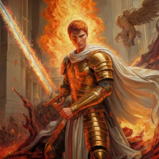Prompt: Sword of Flame, a manifestation of his formidable power and unwavering resolve.

In the midst of a raging battlefield, Augustus stands as a beacon of hope amidst the chaos, his figure illuminated by the flickering flames that dance along the length of his blazing weapon. With a commanding presence, he raises the Sword of Flame high above his head, its fiery blade casting a radiant glow that cuts through the darkness of the battlefield.

The Sword of Flame itself is a sight to behold, its blade forged from the very essence of elemental fire and imbued with the ancient power of the primordial entities of flame. Flames lick along its edges, their intensity pulsating with the heat of a thousand suns, while sparks of ember dance and crackle in the air around it.

Augustus's expression is one of fierce determination, his eyes ablaze with the same fiery intensity as his weapon. In his other hand, he holds his helm adorned with a majestic crest, a symbol of his authority and command over the forces of fire.

Behind Augustus, his loyal legions stand ready to fight, their faces set in grim determination as they prepare to follow their High-Emperor into battle. Together, they are an unstoppable force, fueled by the flames of justice and the promise of victory.

The artist is encouraged to capture the dynamic energy and intensity of the scene, emphasizing the power and majesty of Augustus Aurelius Proudorious as he wields the Sword of Flame, ready to lead his legions to victory against all who dare to oppose them."