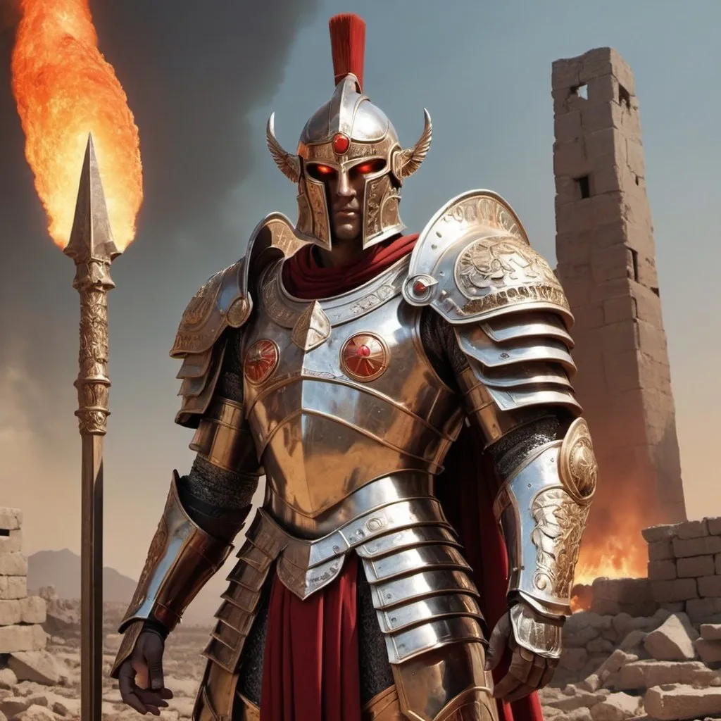 Prompt: In the image, Vilicus stands tall and proud, his form clad in gleaming armor and his eyes burning with the fire of ambition. His helmet, adorned with the symbols of Mars, radiates an aura of divine power, granting him strength and focus on the battlefield. Behind him, the ruins of ancient cities lie in ruin, a testament to his unstoppable march toward greatness. Vilicus is a conqueror, a warrior, and a symbol of the eternal struggle for power that defines the world of ancient warfare.