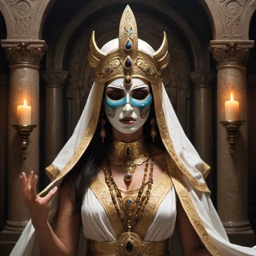 Prompt: In the hallowed halls of the Mystic Seers, the Eternal Priestess emerges, her presence commanding reverence and awe. Adorned in robes of ancient mysticism, her mask bears the eternal emotion of pride, a symbol of her unwavering dedication to her sacred duty. With a voice that resonates with the power of the cosmos, she chants the words of banishment, casting out the traitorous Nathaniel from the sanctum of the Mystic Seers. As her hand grasps his mask, crushing it beneath her righteous fury, the echoes of her chant reverberate through the chamber, a potent reminder of the consequences of betrayal. In this moment of divine judgment, the Eternal Priestess stands as a beacon of justice and authority, her pride unwavering in the face of adversity.