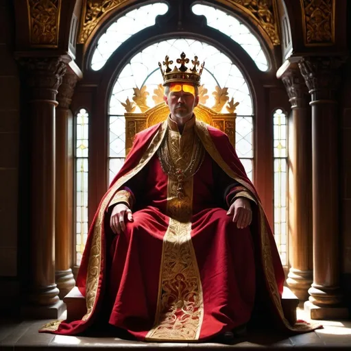 Prompt: A regal figure sits upon a throne, draped in rich crimson robes adorned with intricate golden embroidery. His gaze is steely yet contemplative, betraying the weight of responsibility that rests upon his shoulders. Behind him, the walls of the King's Hall rise majestically, adorned with tapestries depicting the illustrious history of his noble lineage. Sunlight filters through stained glass windows, casting a warm glow upon the chamber and illuminating the crown atop his head, a symbol of his rightful claim to the throne.