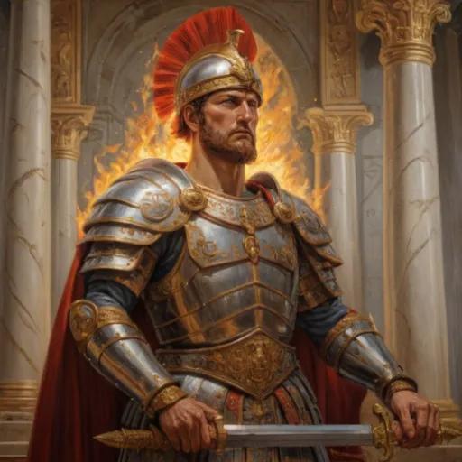 Prompt: 
"Create an awe-inspiring image capturing the essence of a warrior-king in the grand throne room. The figure of Augustus Aurelius Proudorious stands resplendent in gleaming armor, a symbol of strength and authority, with a two-handed sword in hand, its blade stained with blood from battles past. His regal presence commands attention as he stands away from the throne, a testament to his commitment to fight alongside his loyal legions on the battlefield.

Clad in intricately crafted armor adorned with symbols of his reign, Augustus exudes an aura of power and majesty. His helm, adorned with a majestic crest, casts a shadow over his stern yet noble visage, framing eyes that burn with the fire of conviction.

Before him, his legions kneel in reverence, their heads bowed in homage to their revered leader. Each warrior bears the marks of battle, their armor worn and their faces weathered by the trials of war. Yet, in their eyes, there is unwavering loyalty and unwavering devotion to their High-Emperor.

The throne room echoes with the solemnity of the moment, the air heavy with the weight of history and the promise of a future forged by the might of the Undefeated Legions. As Augustus surveys his faithful subjects, a sense of pride swells within him, knowing that together, they are destined to overcome any challenge that dares to stand in their way.

The artist is encouraged to capture the intensity of the scene, highlighting the warrior-king's leadership and his willingness to stand shoulder to shoulder with his soldiers in the face of adversity."