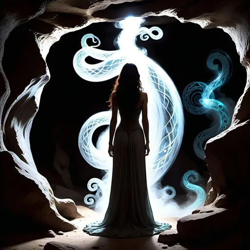 Prompt: In the dimly lit alcove of a cavern, a mysterious figure stands shrouded in swirling mists, her form ethereal and insubstantial. Her eyes, alight with an otherworldly glow, pierce through the darkness, revealing glimpses of hidden knowledge and ancient power. Wisps of smoke curl around her, twisting and coiling like serpents as she raises her hands in a gesture of invocation. Behind her, the cavern walls are adorned with strange symbols and glyphs, their meaning lost to all but the most knowledgeable observers. As she speaks, her voice echoes through the chamber, resonating with a haunting melody that seems to transcend the boundaries of time and space.