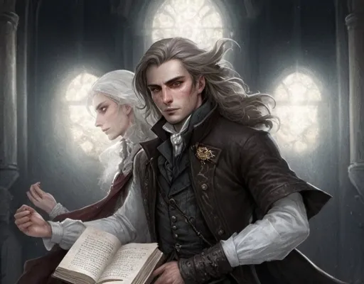 Prompt: An image prompt for Julian:

In the dimly lit chamber of an ancient library, Julian stands bathed in the soft glow of candlelight, his tall figure exuding an aura of quiet strength and understated elegance. His long brown hair cascades in gentle waves around his shoulders, catching the flickering light as he pores over ancient tomes and scrolls, his keen brown eyes alight with determination.

Dressed in attire reminiscent of a Victorian gentleman, Julian cuts a striking figure against the backdrop of towering bookshelves and dusty manuscripts. His tailored coat hangs loosely around his frame, the rich fabric adorned with subtle embroidery and intricate patterns that speak of a bygone era. Beneath the coat, a crisp white shirt is paired with dark trousers and polished boots, completing his ensemble with a touch of timeless sophistication.

In one hand, Julian holds a leather-bound volume, its pages worn with age and filled with the secrets of centuries past. With the other hand, he traces the lines of an ancient map spread out before him, his expression one of intense focus as he searches for clues to unravel the mysteries that lie hidden within the pages.

As the flickering candlelight casts dancing shadows across his face, Julian's features are illuminated in soft hues of amber and gold, adding to the air of intrigue that surrounds him. In this moment, he is the epitome of the scholarly adventurer, poised on the brink of discovery and ready to embark on a journey that will test both his intellect and his courage.