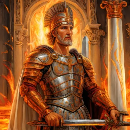 Prompt: Sword of Flame, a manifestation of his formidable power and unwavering resolve.

In the midst of a raging battlefield, Augustus stands as a beacon of hope amidst the chaos, his figure illuminated by the flickering flames that dance along the length of his blazing weapon. With a commanding presence, he raises the Sword of Flame high above his head, its fiery blade casting a radiant glow that cuts through the darkness of the battlefield.

The Sword of Flame itself is a sight to behold, its blade forged from the very essence of elemental fire and imbued with the ancient power of the primordial entities of flame. Flames lick along its edges, their intensity pulsating with the heat of a thousand suns, while sparks of ember dance and crackle in the air around it.

Augustus's expression is one of fierce determination, his eyes ablaze with the same fiery intensity as his weapon. In his other hand, he holds his helm adorned with a majestic crest, a symbol of his authority and command over the forces of fire.

Behind Augustus, his loyal legions stand ready to fight, their faces set in grim determination as they prepare to follow their High-Emperor into battle. Together, they are an unstoppable force, fueled by the flames of justice and the promise of victory.

The artist is encouraged to capture the dynamic energy and intensity of the scene, emphasizing the power and majesty of Augustus Aurelius Proudorious as he wields the Sword of Flame, ready to lead his legions to victory against all who dare to oppose them."