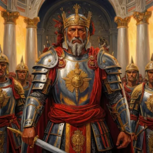 Prompt: Prompt:
"Create an awe-inspiring image capturing the essence of a warrior-king in the grand throne room. The figure of Augustus Aurelius Proudorious stands resplendent in gleaming armor, a symbol of strength and authority, with a two-handed sword in hand, its blade stained with blood from battles past. An executioner of justice. His regal presence commands attention as he stands away from the throne, a testament to his commitment to fight alongside his loyal legions on the battlefield.

Clad in intricately crafted armor adorned with symbols of his reign, Augustus exudes an aura of power and majesty. His helm, adorned with a majestic crest, casts a shadow over his stern yet noble visage, framing eyes that burn with the fire of conviction.

Before him, his legions kneel in reverence, their heads bowed in homage to their revered leader. Each warrior bears the marks of battle, their armor worn and their faces weathered by the trials of war. Yet, in their eyes, there is unwavering loyalty and unwavering devotion to their High-Emperor.

The throne room echoes with the solemnity of the moment, the air heavy with the weight of history and the promise of a future forged by the might of the Undefeated Legions. As Augustus surveys his faithful subjects, a sense of pride swells within him, knowing that together, they are destined to overcome any challenge that dares to stand in their way.

The artist is encouraged to capture the intensity of the scene, highlighting the warrior-king's leadership and his willingness to stand shoulder to shoulder with his soldiers in the face of adversity."