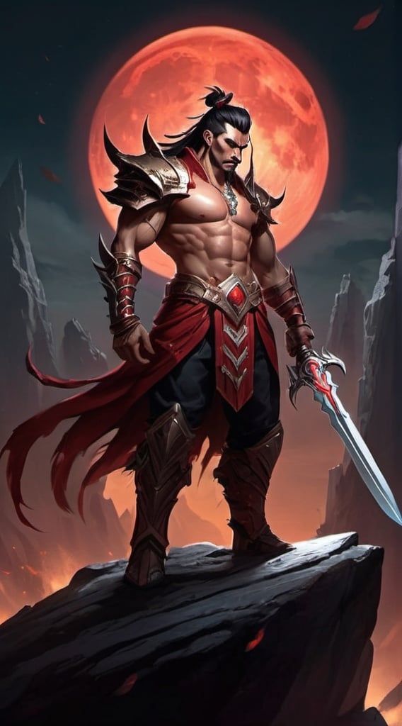 Prompt: In the image, Draven Bloodmoon stands tall and proud upon a rocky outcrop, overlooking the vast expanse of his kingdom spread out below. The crimson glow of the blood moon casts an eerie light upon the landscape, bathing Draven in a halo of otherworldly radiance.

Draven is clad in regal armor forged from the finest metals, adorned with intricate designs and symbols of his royal lineage. His armor gleams in the moonlight, reflecting the crimson hue of the sky above and lending him an air of majestic authority.

At his side, Draven wields a mighty sword, its blade pulsating with an inner fire that seems to mirror the glow of the blood moon. The sword is a symbol of Draven's power and authority, a weapon forged in the fires of battle and tempered by the trials of war.

Behind Draven, the Red Moon Kingdom stretches out in all directions, its borders marked by towering mountains and dense forests. From his vantage point, Draven can see the vast expanses of his realm, from the bustling cities and thriving villages to the wild and untamed wilderness beyond.

As Draven gazes out over his kingdom, his eyes burn with a fierce determination, reflecting his unwavering commitment to the protection and prosperity of his people. He is the King of the Red Moon, a ruler beloved by his subjects and feared by his enemies, and his presence commands respect and reverence from all who behold him.